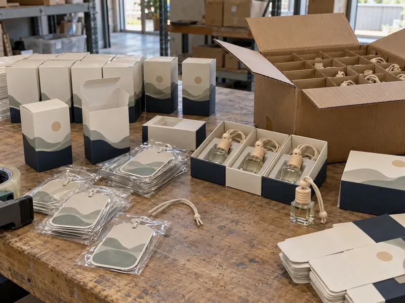 Car air freshener packaging layers: pouch, retail box and shipping carton