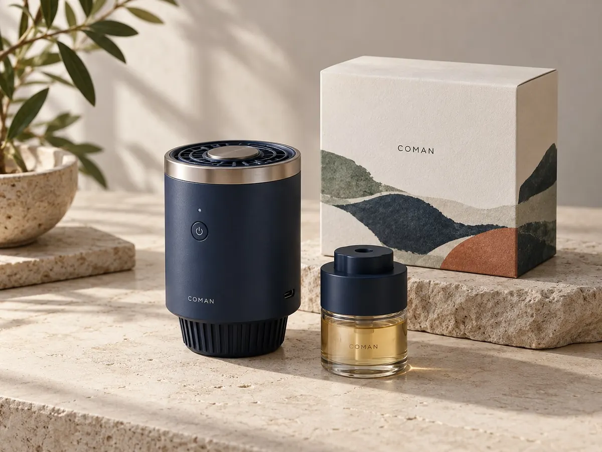 Navy electric car diffuser with fragrance cartridge and printed gift box